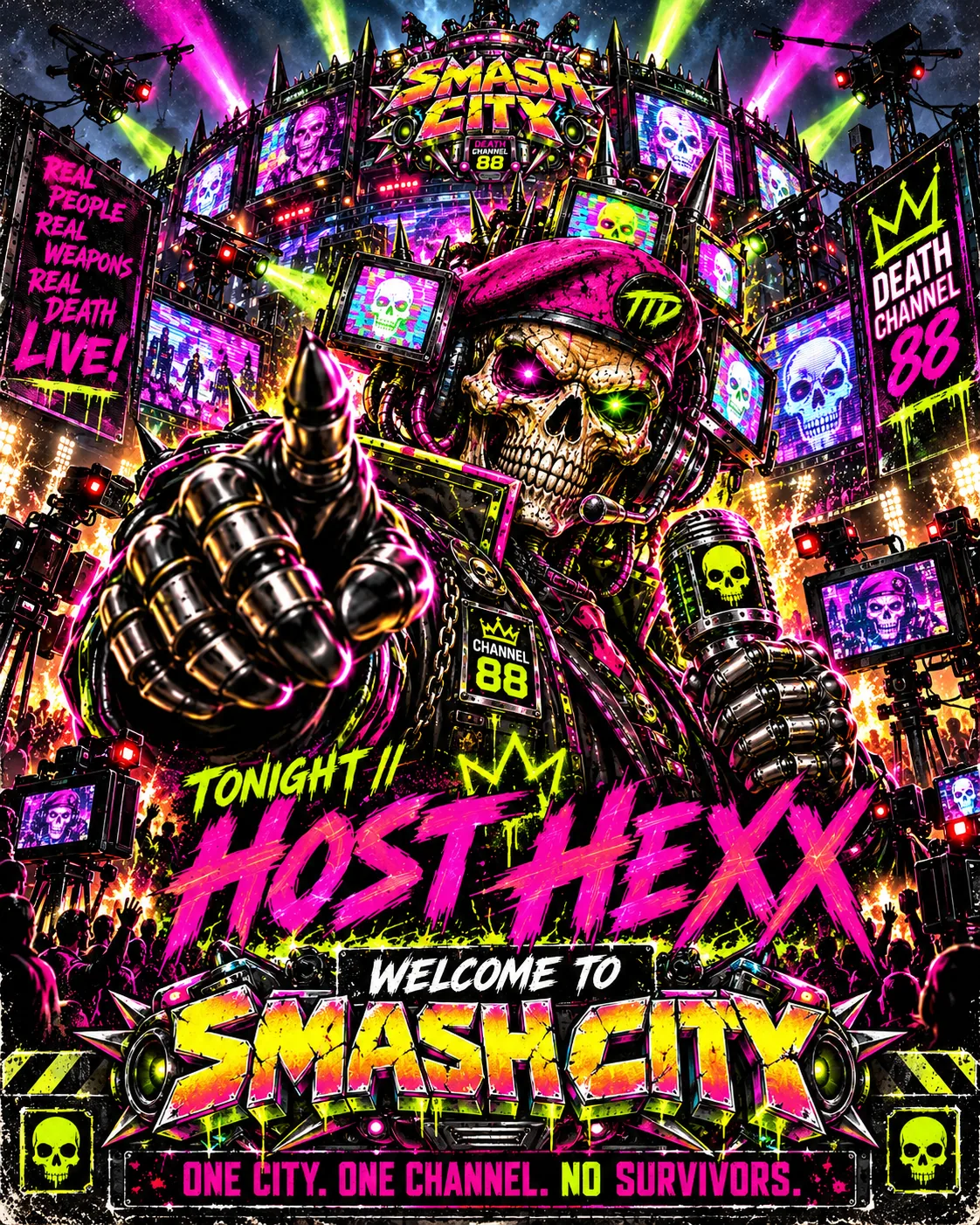 Host Hexx introduces Death Channel 88 from the Smash City broadcast arena